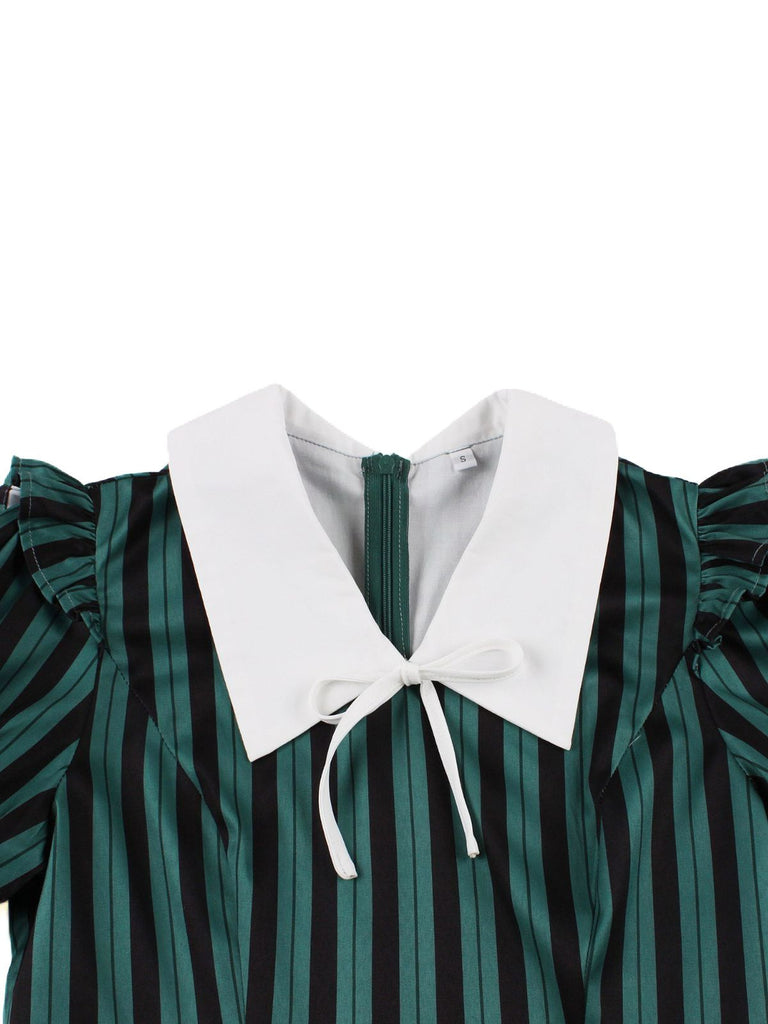 Robe trapèze verte à rayures et col revers années 1950