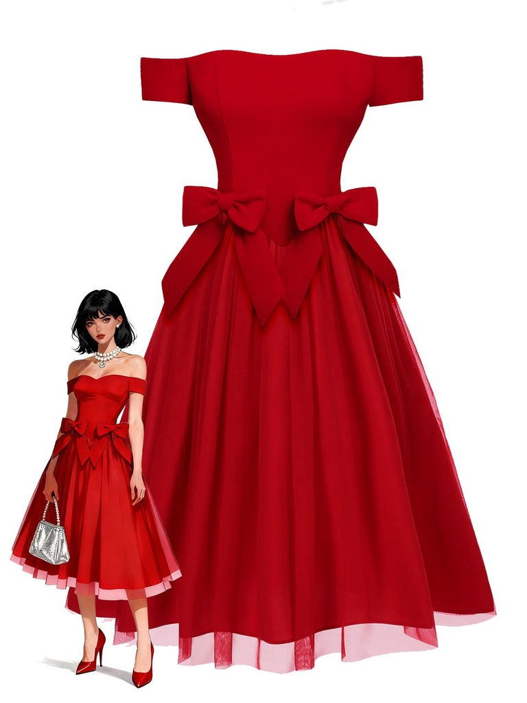 [Pré-vente] Robe rouge en maille à épaules dénudées et nœud années 1950