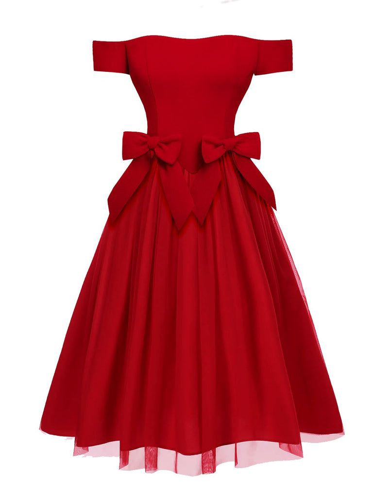 [Pré-vente] Robe rouge en maille à épaules dénudées et nœud années 1950