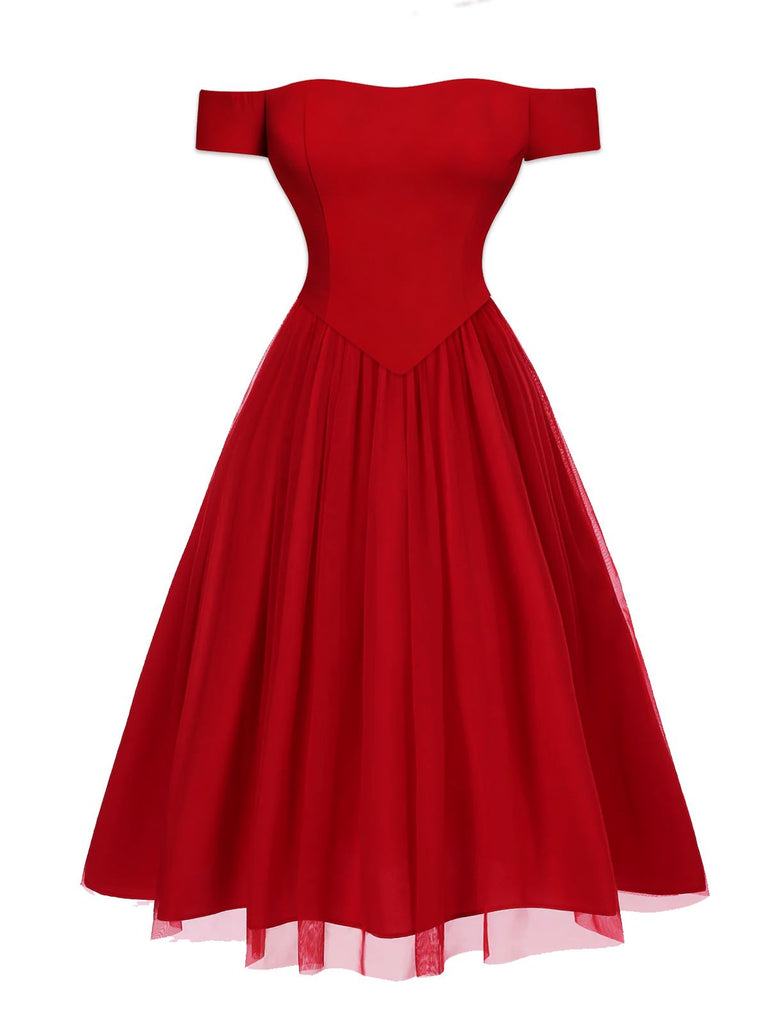 [Pré-vente] Robe rouge en maille à épaules dénudées et nœud années 1950