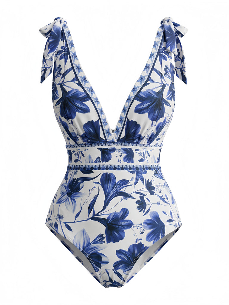 2PCS Maillot de bain bleu à fleurs et cache-maillot années 1940