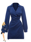 Robe chemise rayée fines bleue col Johnny des années 60