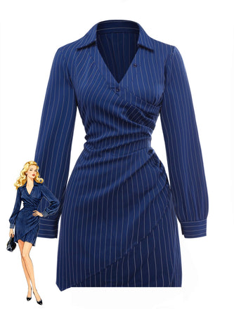 Robe chemise rayée fines bleue col Johnny des années 60