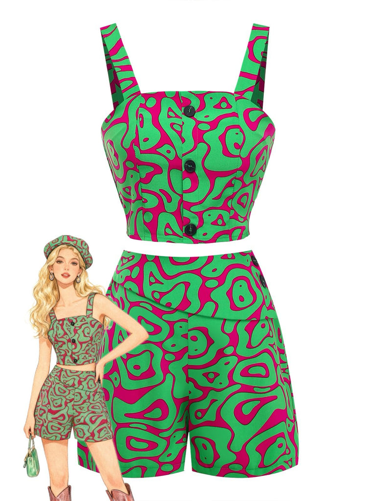 2PCS Haut court et short à boutons verts imprimé abstrait années 1970