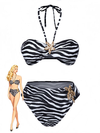 Ensemble de bikini bandeau zèbre et accents d'étoiles de mer années 1960