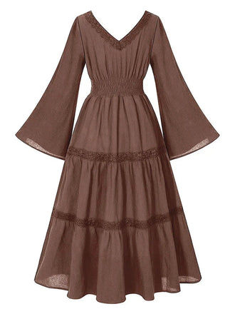 Robe marron en dentelle col carré style victorien des années 1970