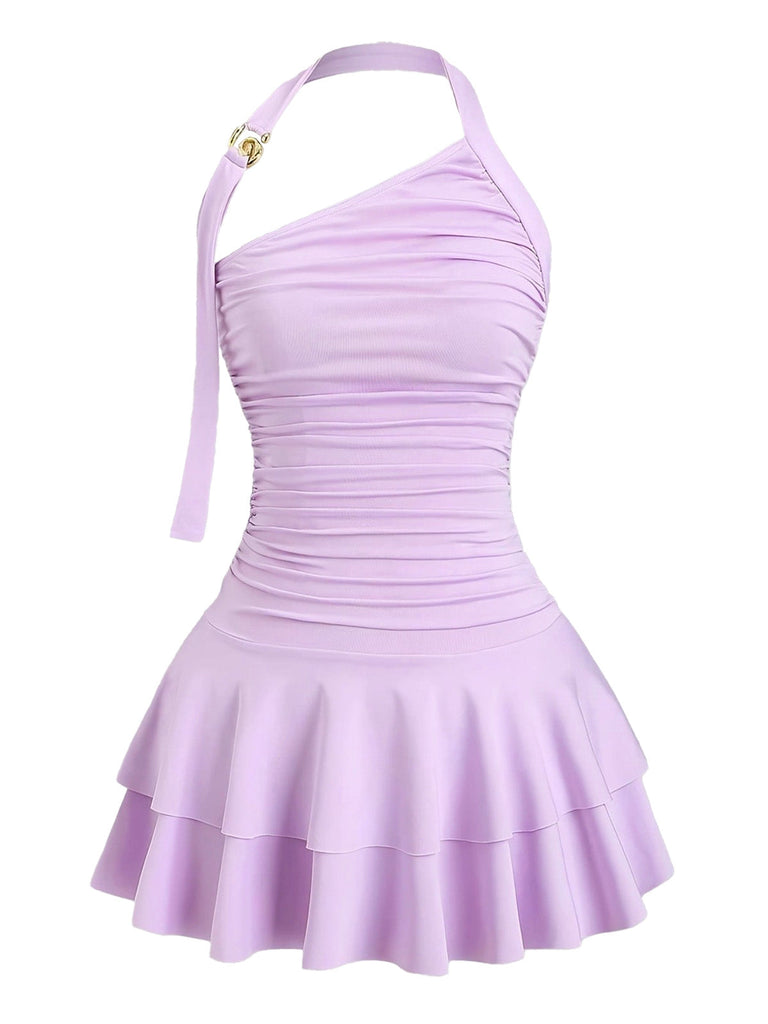 Robe violette dos nu à volants et détails métalliques années 60