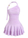 Robe violette dos nu à volants et détails métalliques années 60