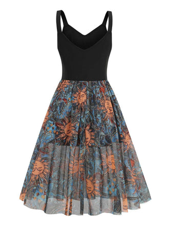 Robe trapÚze noire sans manches imprimé visage ensoleillé années 1950
