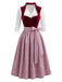 Ensemble bordeaux avec robe en velours à décolleté cœur, tablier et top blanc Années 1950