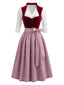 Robe bordeaux en velours et tablier et top blanc Années 1950
