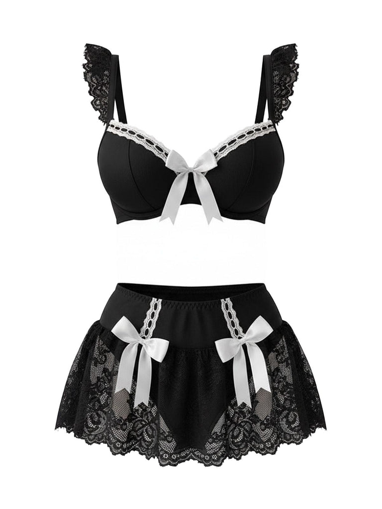 Ensemble de vêtements d'intérieur de soubrette nœud en dentelle années 1980