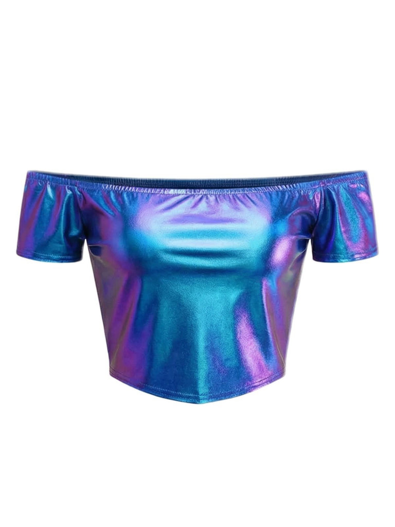 1970s Haut disco métallisé à épaules dénudées et manches courtes