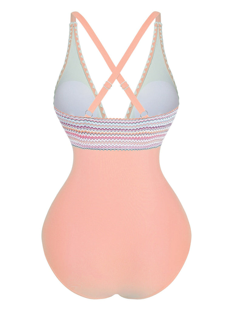 Maillot De Bain Une Pièce Col V Profond Ondulé Patchwork Année 1940