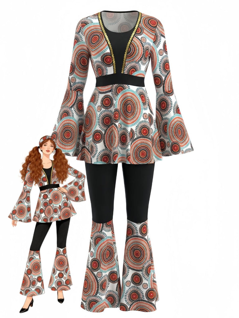 2PCS Haut à manches cloche et pantalon évasé hippie années 1970