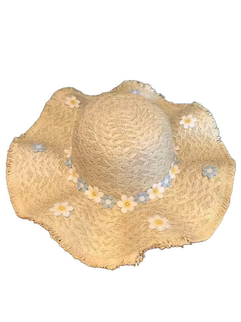 Chapeau de soleil à franges en raphia 3D à motif marguerite