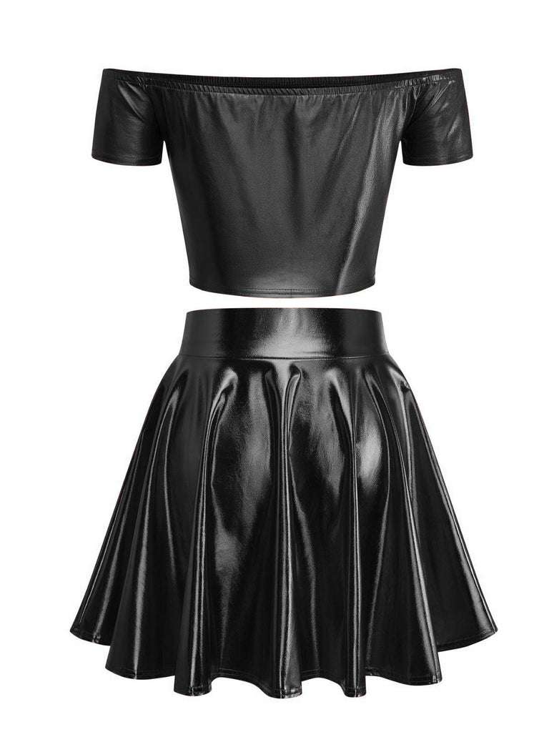 2PCS Haut disco métallisé à épaules dénudées et jupe plissée années 70