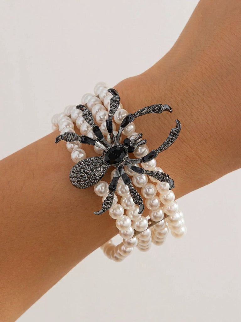 Bracelet vintage en fausses perles avec motif araignée d'Halloween