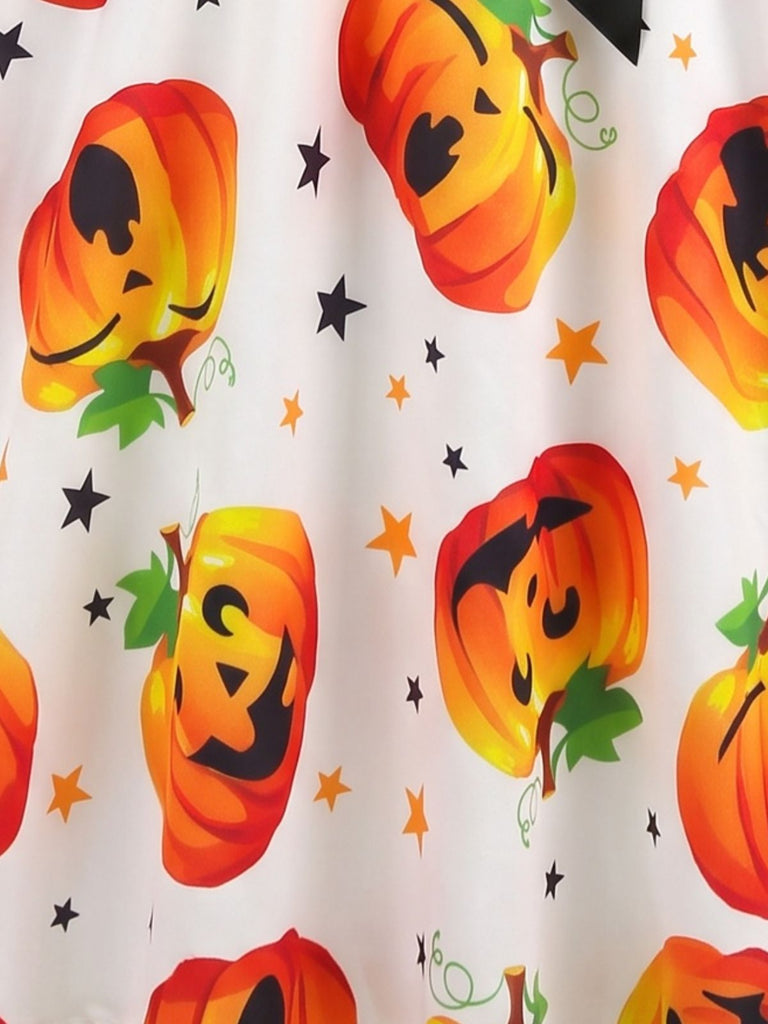 Robe d’Halloween à citrouilles et étoiles, col pétale années 1950
