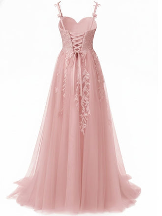 Robe longue rose tulle dentelle fines bretelles 1930s