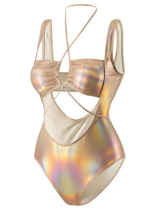 Maillot de bain une pièce métallisé à découpes et décolleté dos nu années 1970