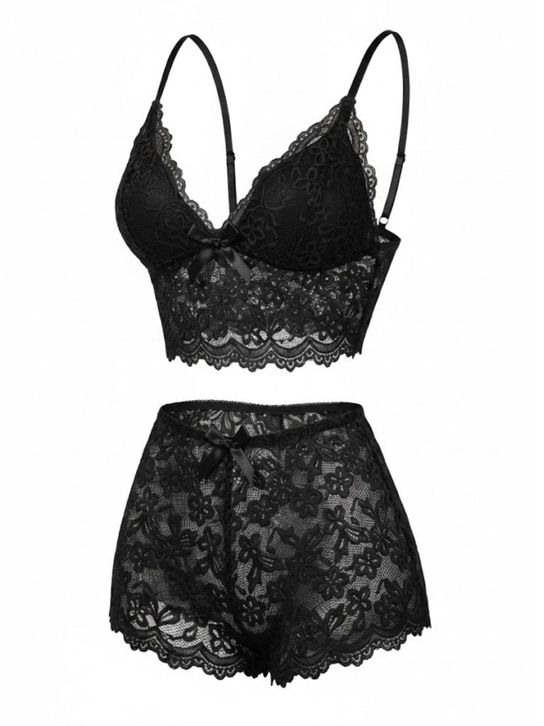 Ensemble De Pyjama Bretelles Fin Dentelle Fleurie Nœud Rouge Année 1960