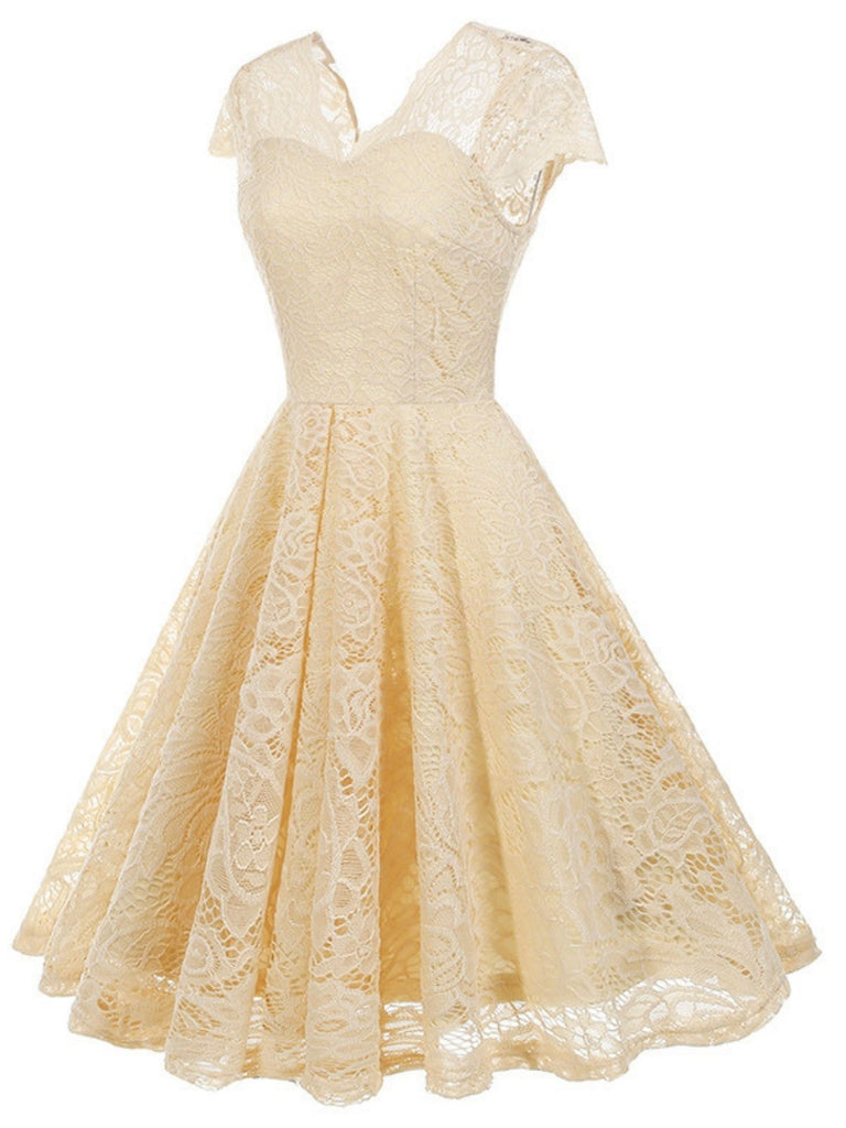 Robe en dentelle unie à col en V et sans manches années 1950