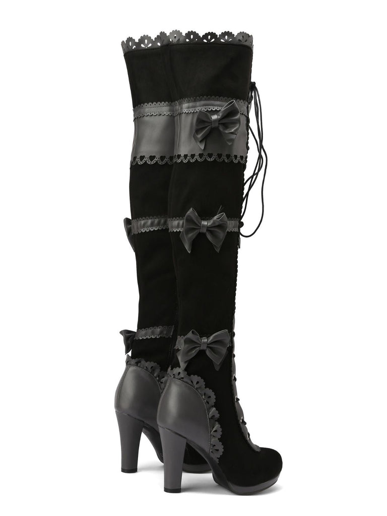 Bottes hautes à talons lacets et nœud style vintage