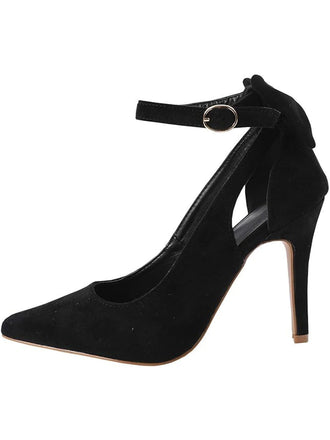 Chaussures Noires Daim Nœud Bride Cheville Bout Pointu Talon Haut