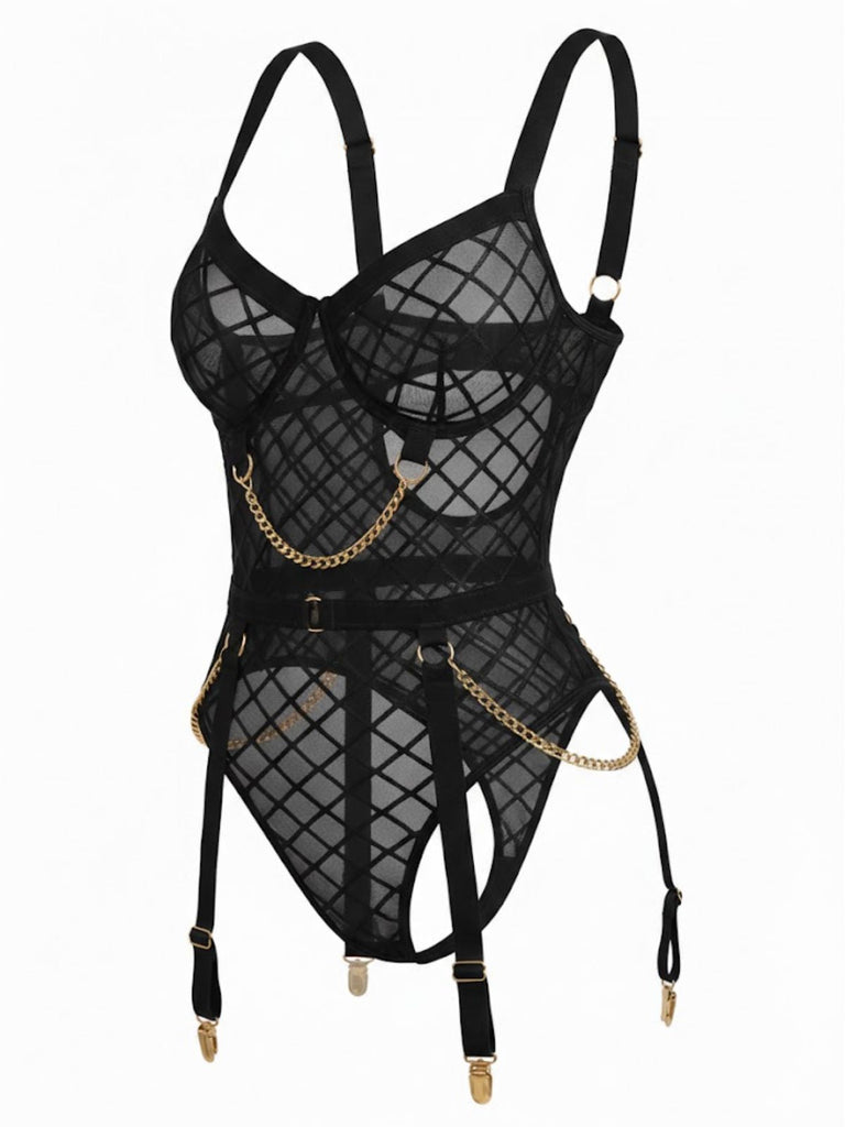 Lingerie en résille transparente à bretelles et chaînes années 1970