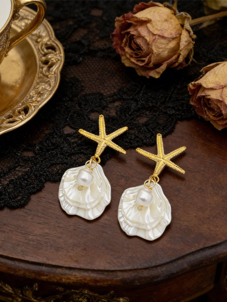 Boucles d'oreilles pendantes en coquillage d'étoile de mer doré perle