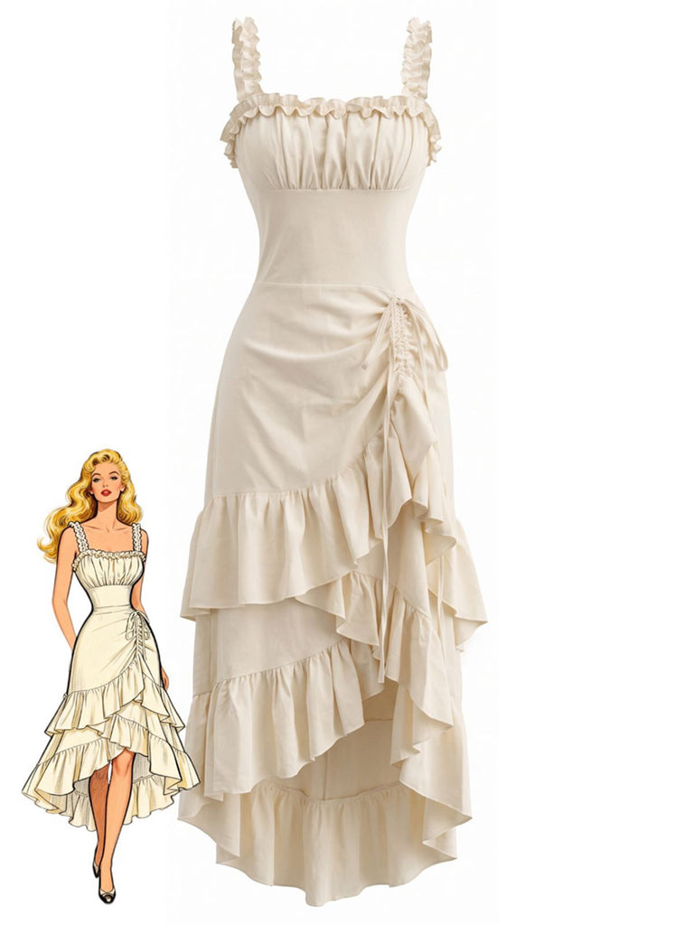 Robe à bretelles beige unie à ourlet volanté années 1980