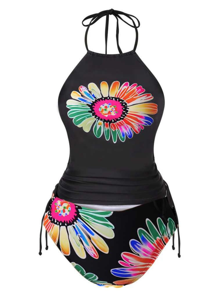 Ensemble tankini à lacets motif marguerites colorées années 1960