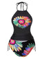 Ensemble tankini à lacets motif marguerites colorées années 1960