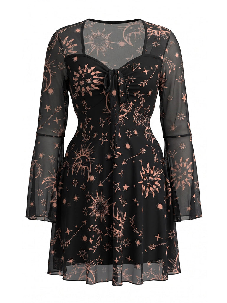 [Grande Taille] Robe Punk noire à imprimé soleil, résille et manches longues années 1980