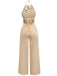 Combinaison beige à dos nu froncé et ornée perles jambes larges années 60