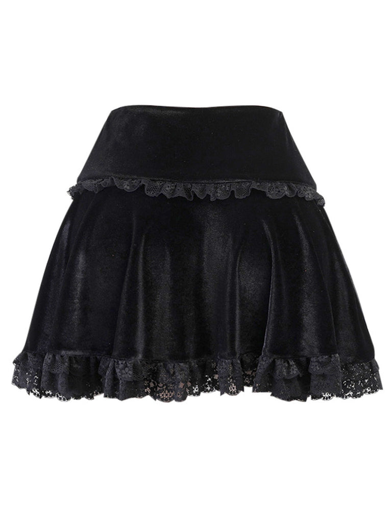 Jupe noire en dentelle brodée unie des années 1980