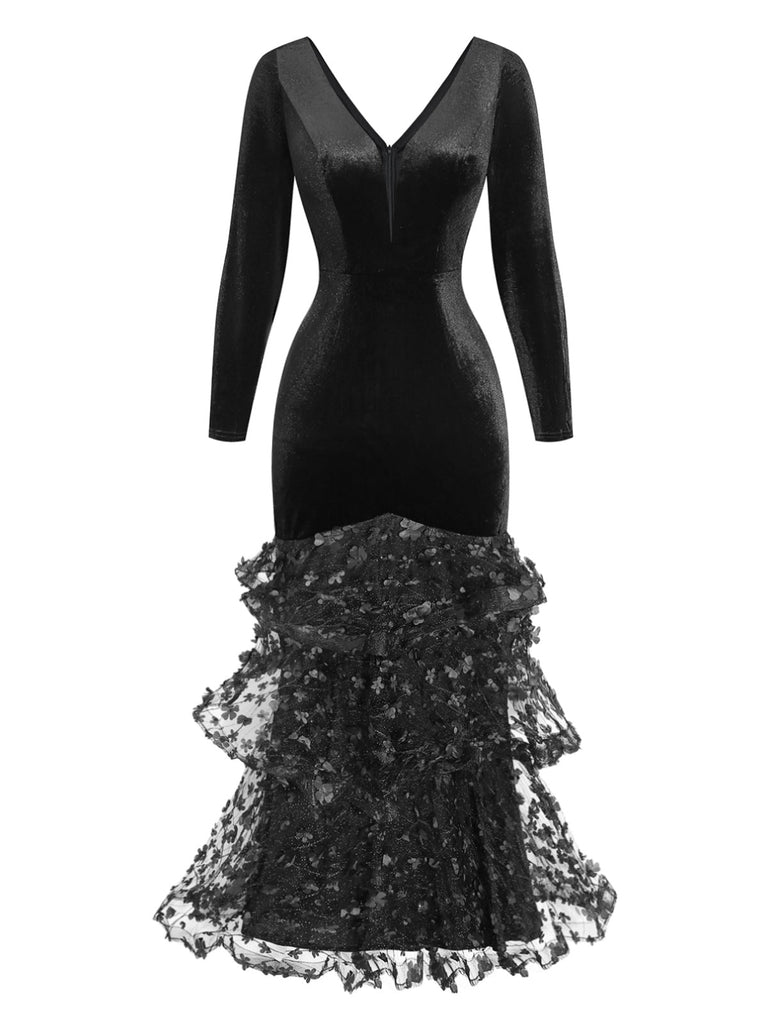 Robe sirène noire à fleurs, volants et taille froncée années 1980