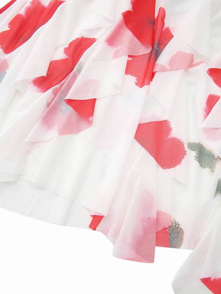 Robe babydoll rouge dos nu et ourlet asymétrique années 1960