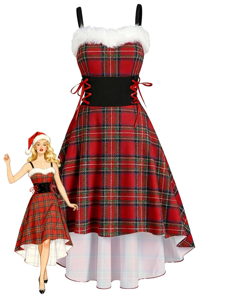 Robe de Noël tartan à ourlet asymétrique bordé de fourrure des années 1950