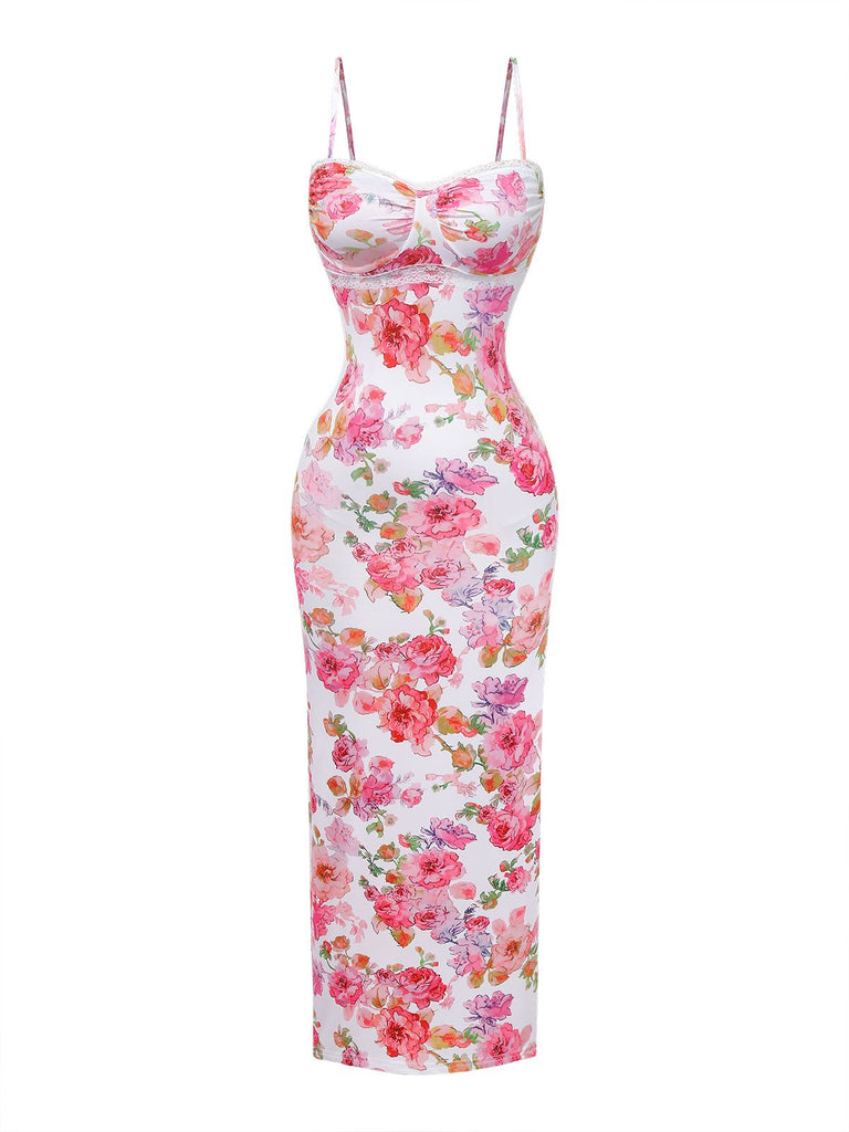 Robe longue moulante bretelles floral rose 1980s