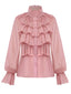 Chemisier col haut et volants en mousseline rose des années 1980