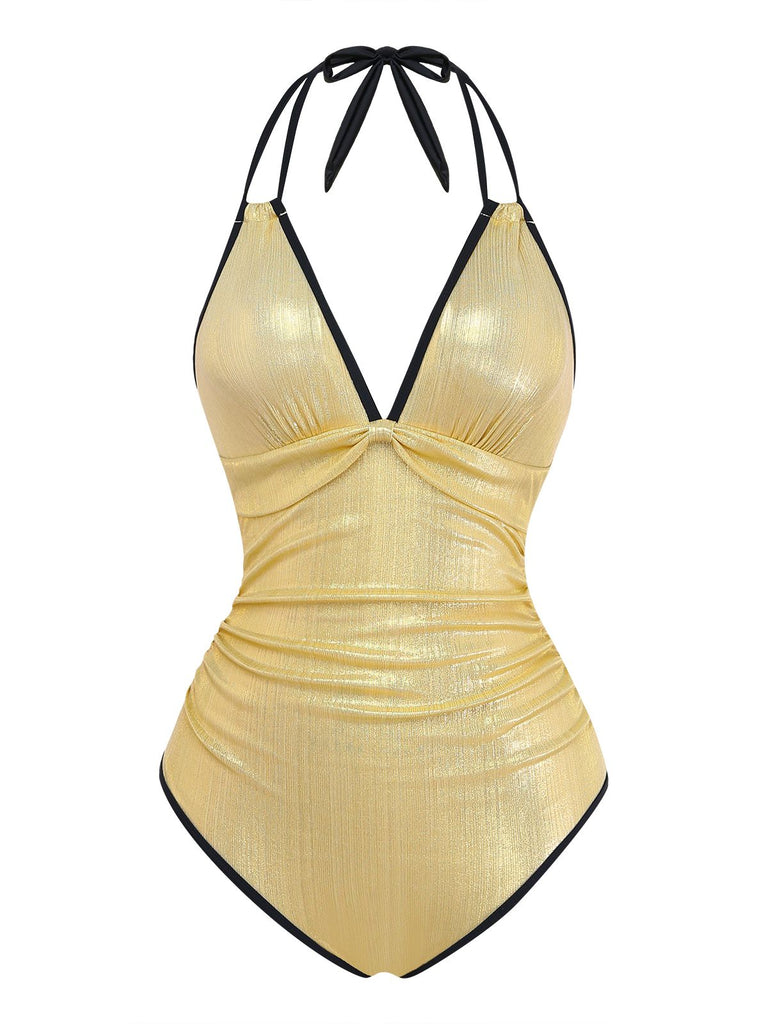 Maillot de bain une pièce licou fines bretelles métallisé brillant 1950s