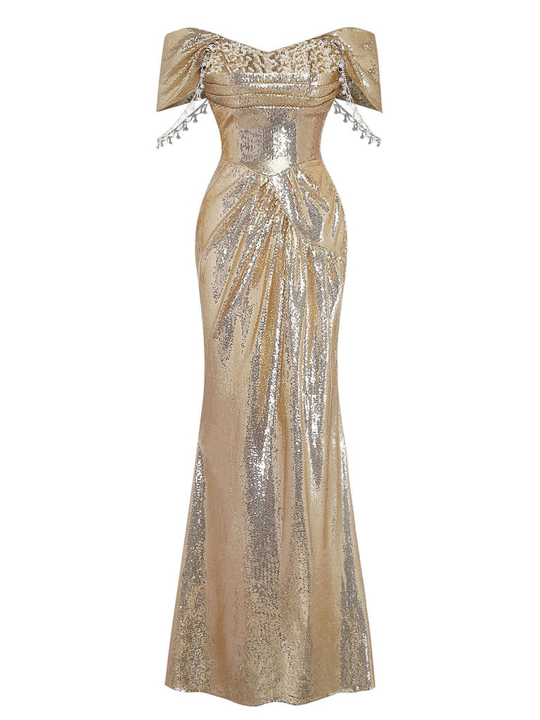 Robe de soirée dorée sequins épaules dénudées années 1980