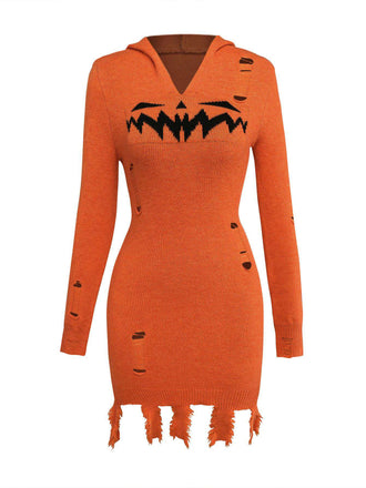 Robe à capuche orange en tricot effet citrouille vieillie Halloween des années 1970