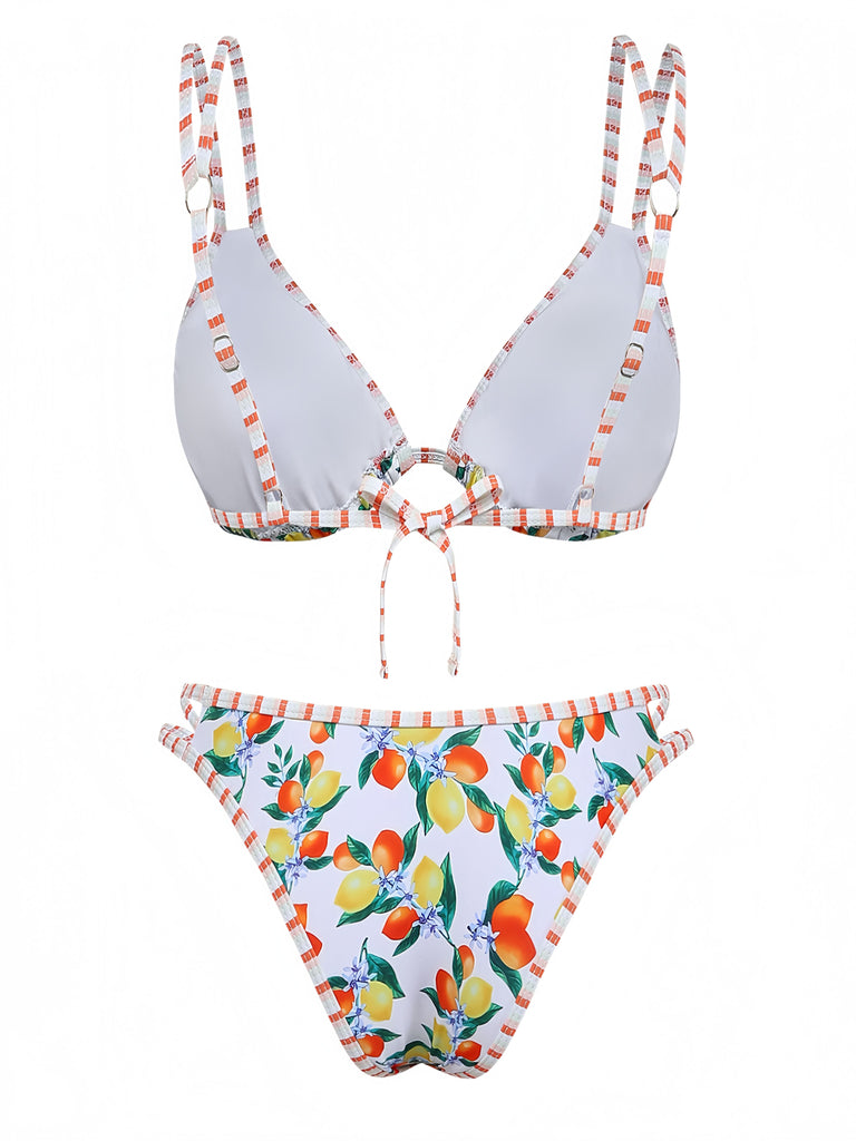 Ensemble bikini triangle blanc bretelles agrumes 1960s