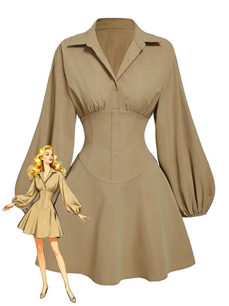 Robe beige manches bouffantes col revers et taille élastiquée années 60