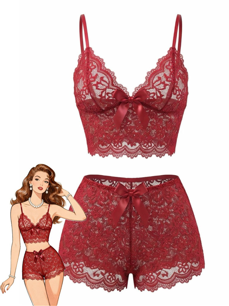 Ensemble De Pyjama Bretelles Fin Dentelle Fleurie Nœud Rouge Année 1960