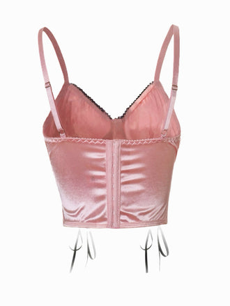 Camisole gothique en satin rose à lacets style croix des années 1970