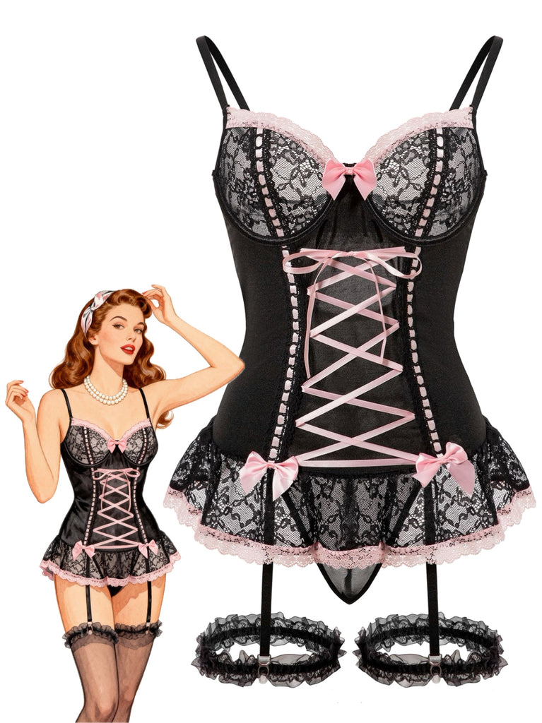 Ensemble de lingerie lacets et nœud en dentelle contrastée années 1970